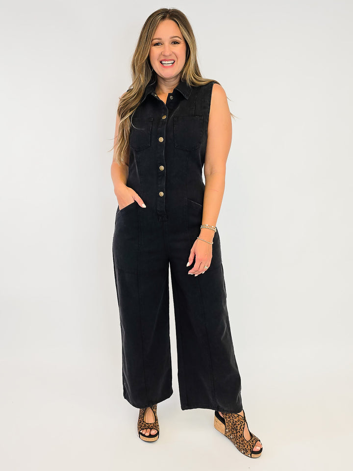 SNOW WASHED BUTTON SLEEVELESS JUMPSUIT - ASH BLACK