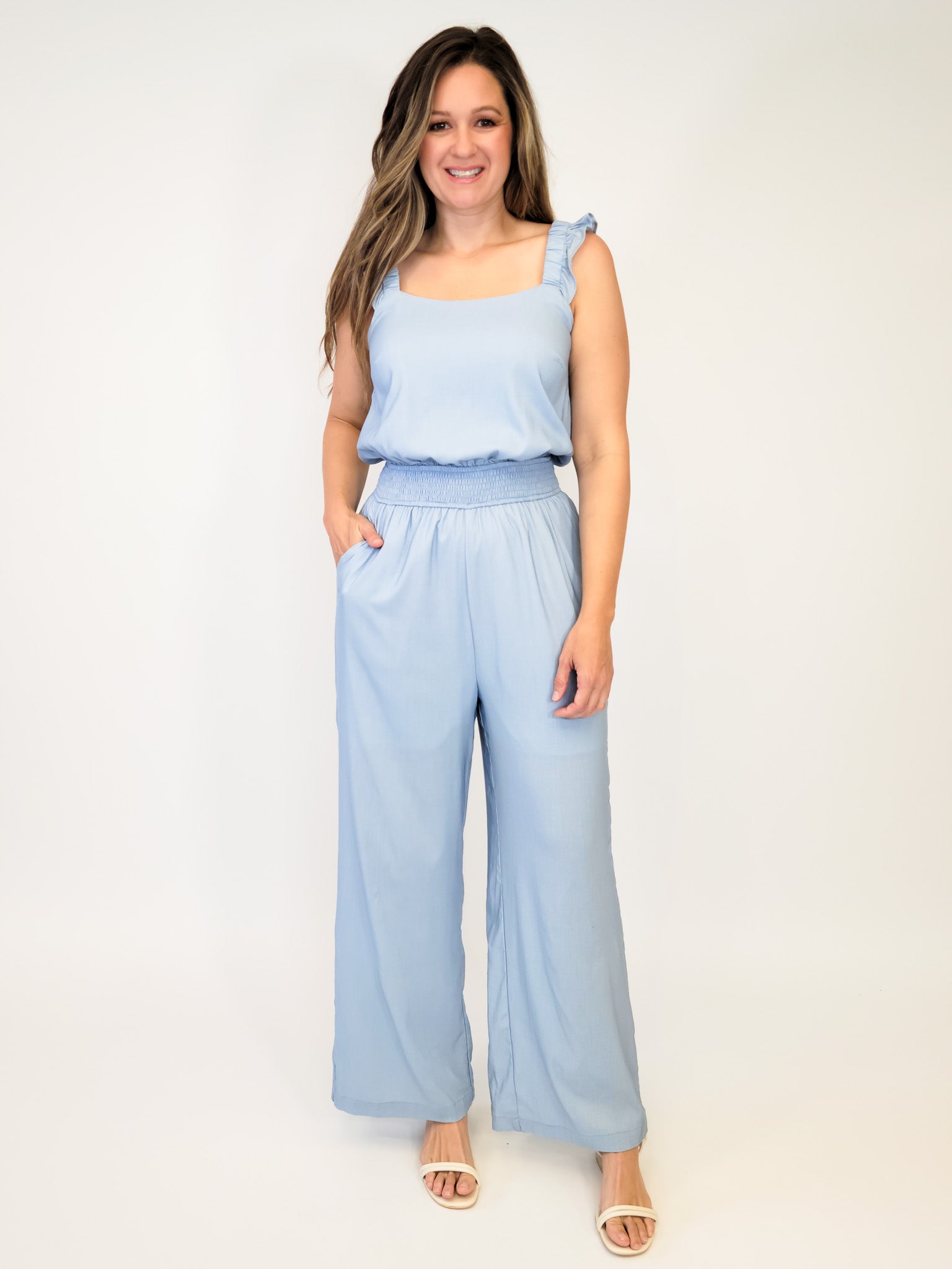 Gilli Womens Chambray Ruffle Sleeveless Jumpsuit Denim Small