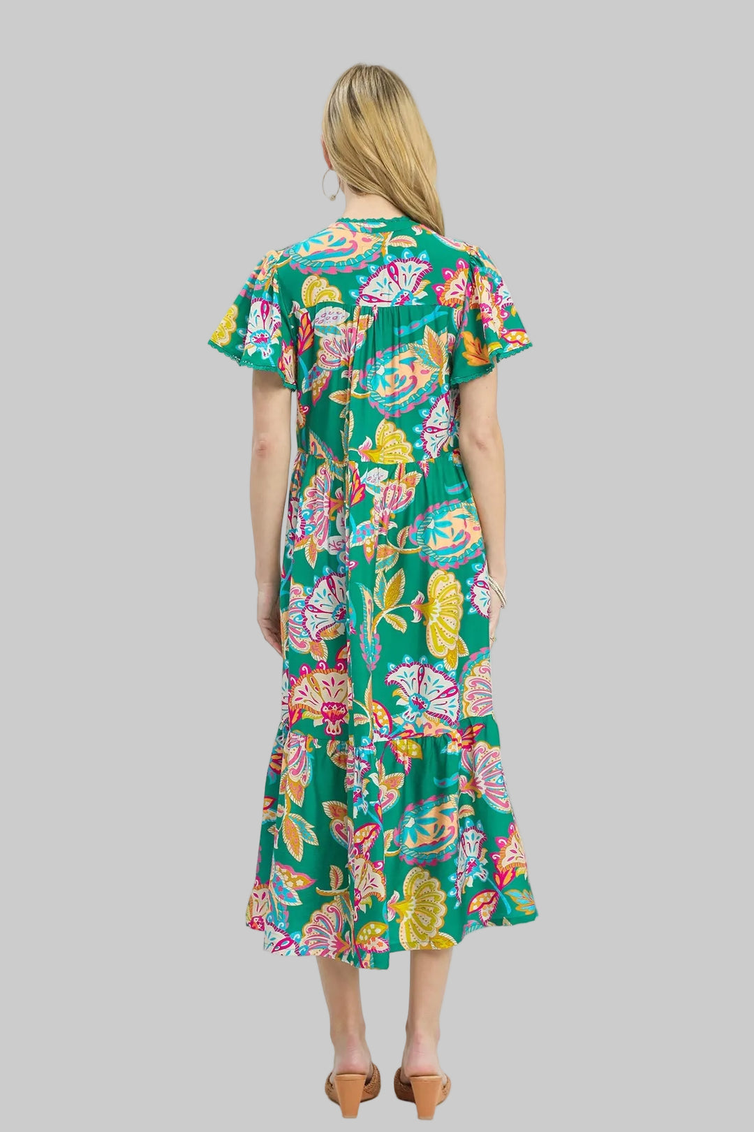 FLUTTER SLEEVE MIX BOHO FLORAL TIERED MIDI DRESS - EMERALD MIX