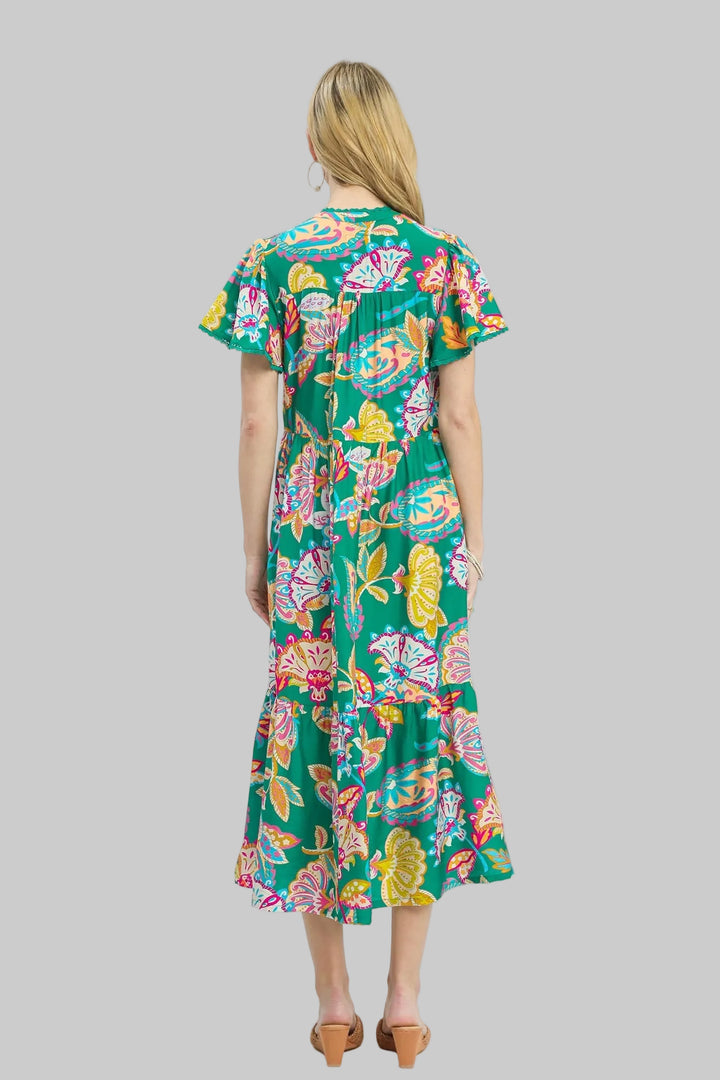 FLUTTER SLEEVE MIX BOHO FLORAL TIERED MIDI DRESS - EMERALD MIX