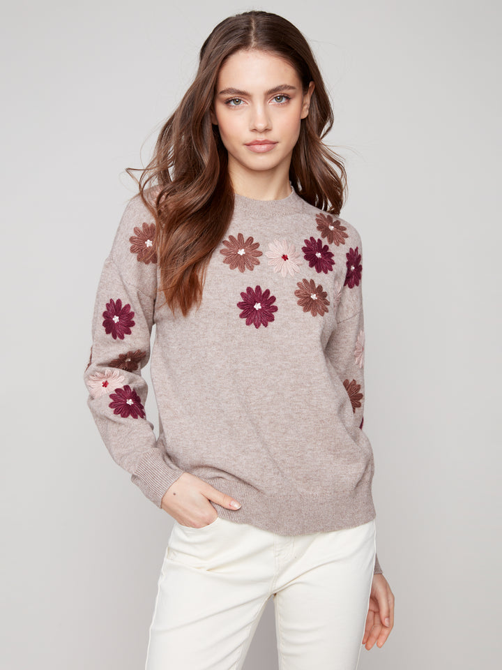 FLORAL EMBROIDERED CREW NECK SWEATER - HEATHER TAUPE