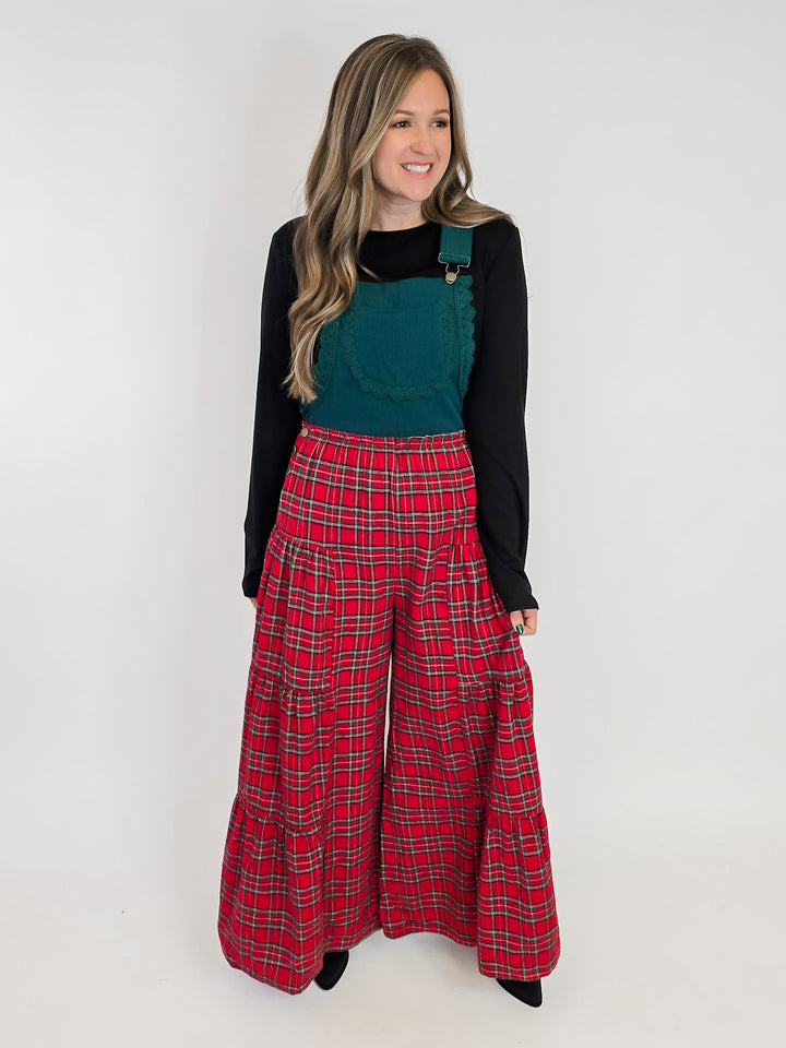 PLAID CONTRAST LACE TRIM WIDE LEG JUMPSUIT - HUNTER GREEN