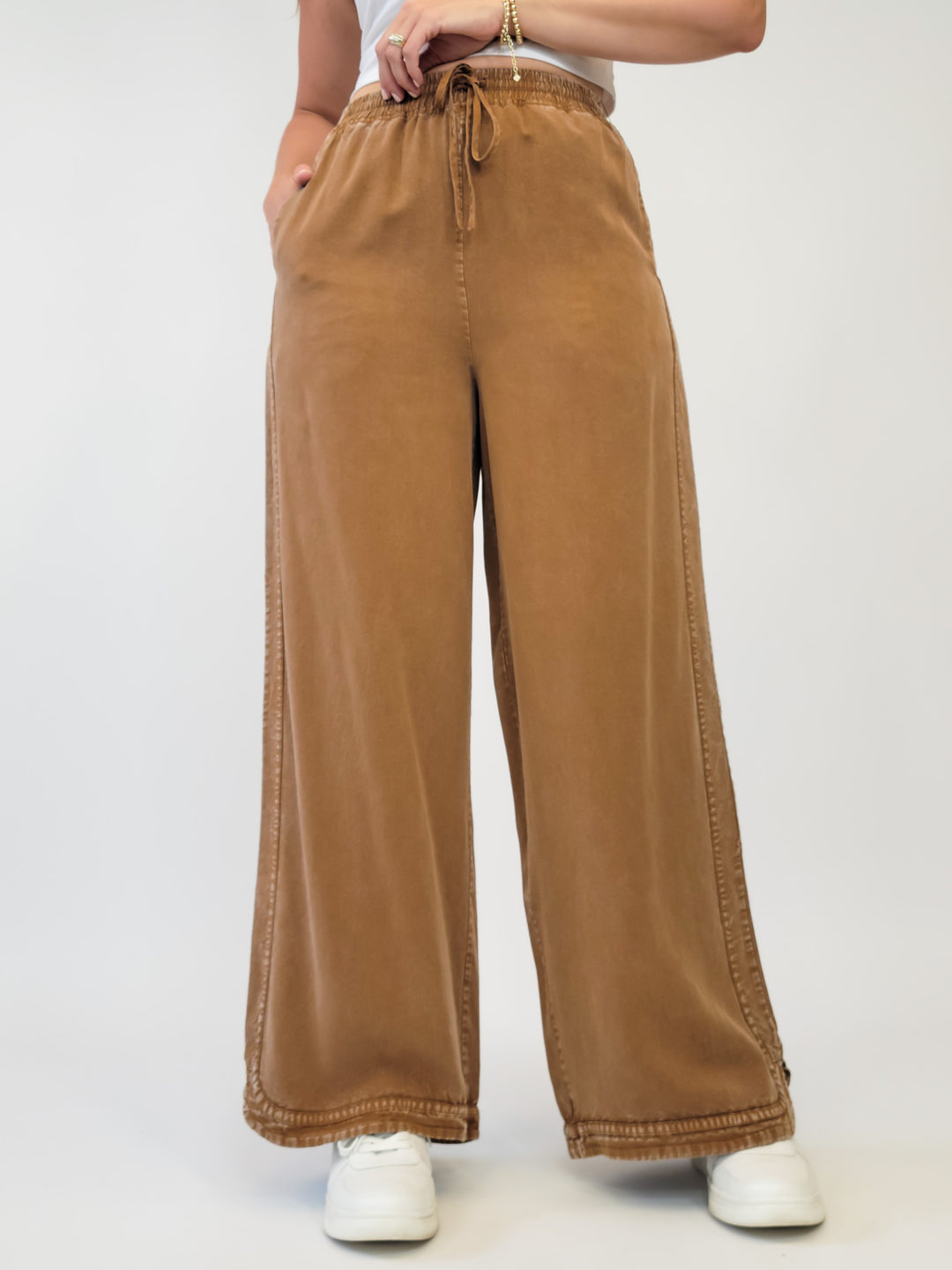 MINERAL WASH SOFT TWILL WIDE LEG PANT - CAMEL