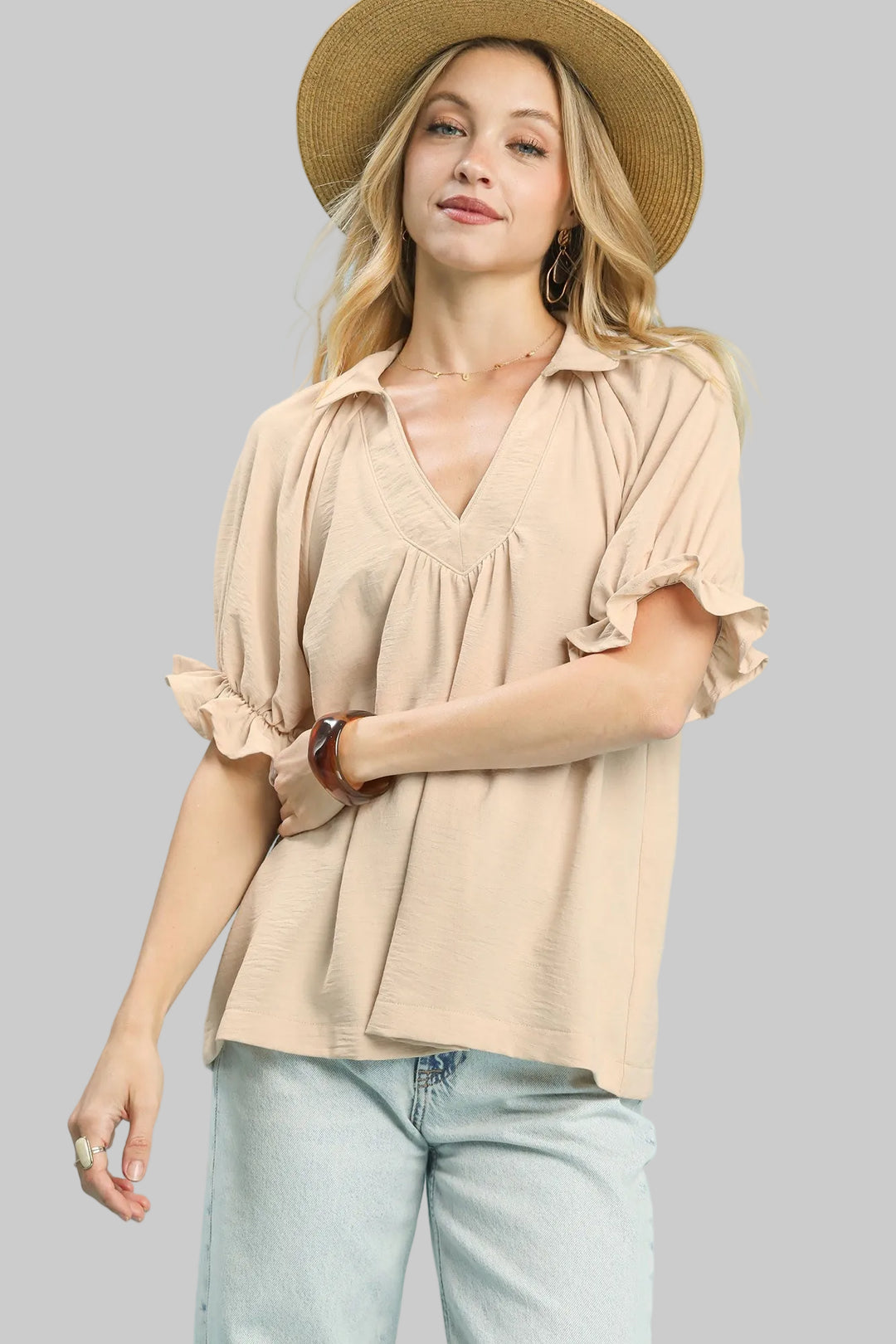 SHORT PUFF SLEEVE COLLARED SOLID TOP - NATURAL