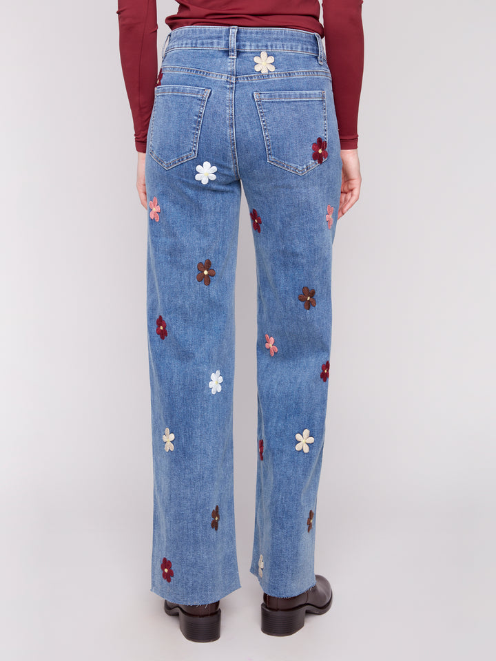 FLOWER PATCH STRETCH WIDE LEG PANTS - MEDIUM BLUE