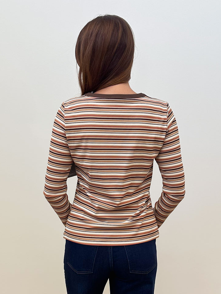 LONG SLEEVE BASIC MULTI RIB STRIPED TOP - CAMEL/IVORY