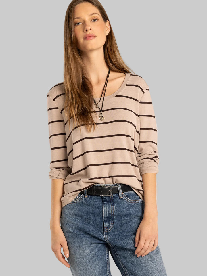 L/S SCOOP NECK LAUREN TOP - PEBBLE BROWN STRIPE