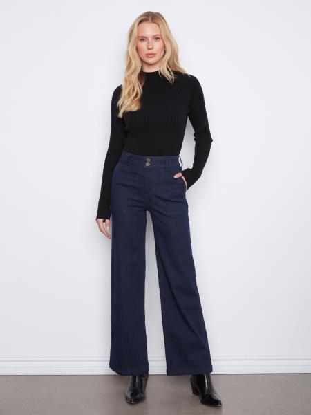 WIDE LEG JEANS WITH PATCH POCKETS AND DOUBLE FRONT BUTTON - BLUE BLACK