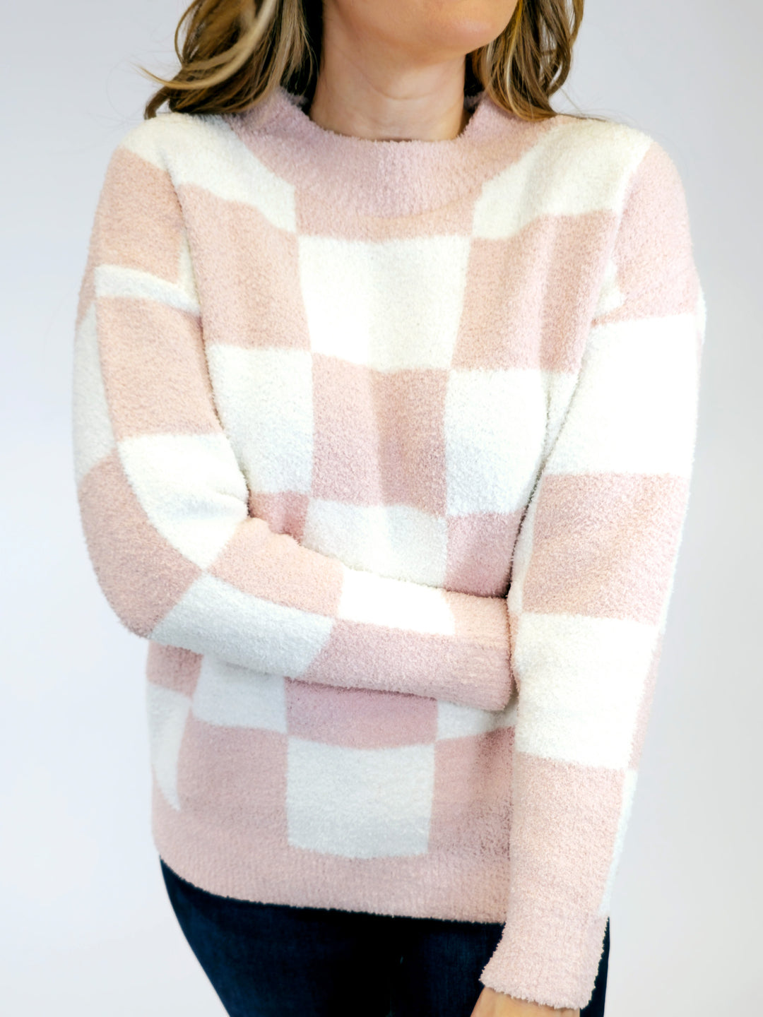 CHECKERED CREW NECK SWEATER - PINK