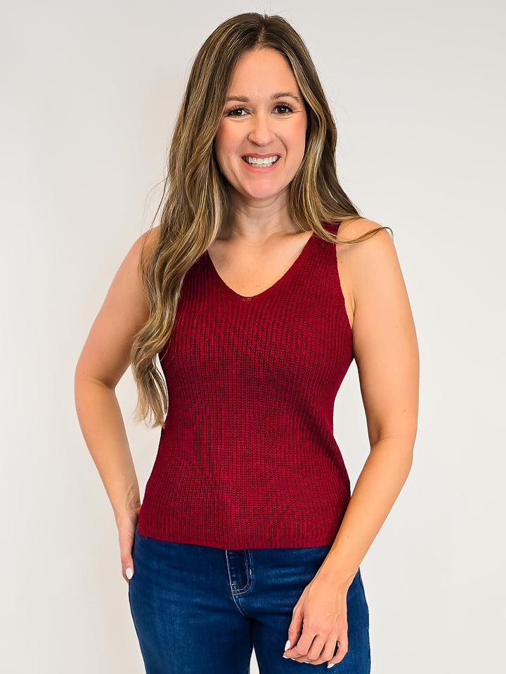 V-NECK KNIT TANK TOP - WINE