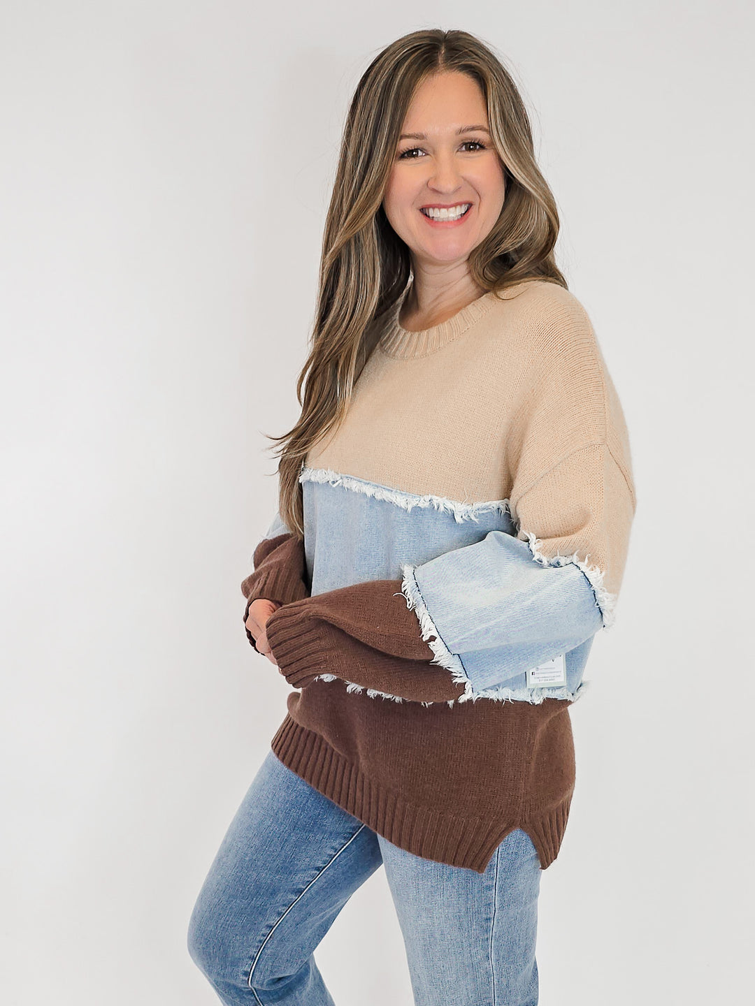 COLOR BLOCKED DENIM MIX SWEATER - KHAKI BROWN