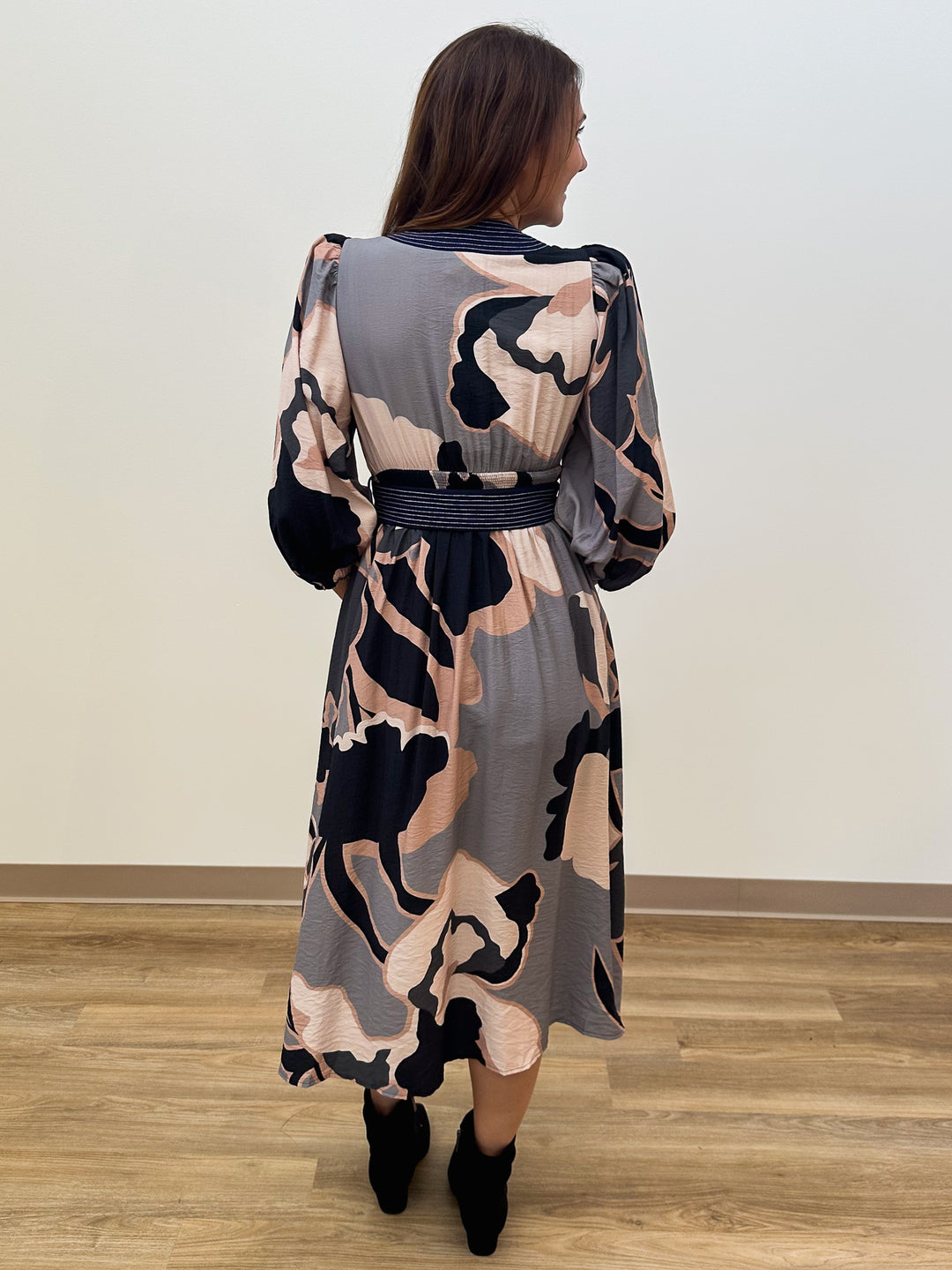 BALLOON SLEEVE CONTRAST TRIM MIDI DRESS - BLACK GREY