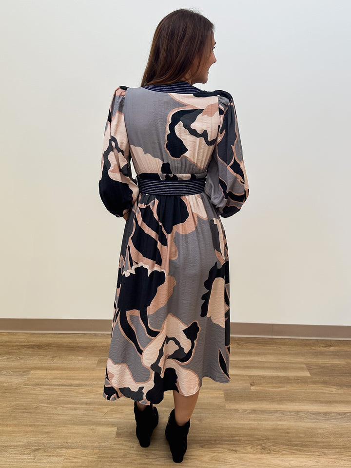 BALLOON SLEEVE CONTRAST TRIM MIDI DRESS - BLACK GREY