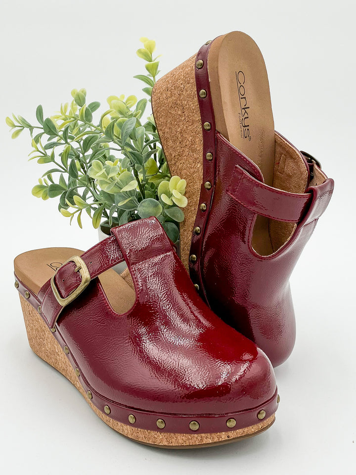 CORKY'S 'IN THE MOMENT' WEDGE CLOG - DARK RED CRINKLE PATENT