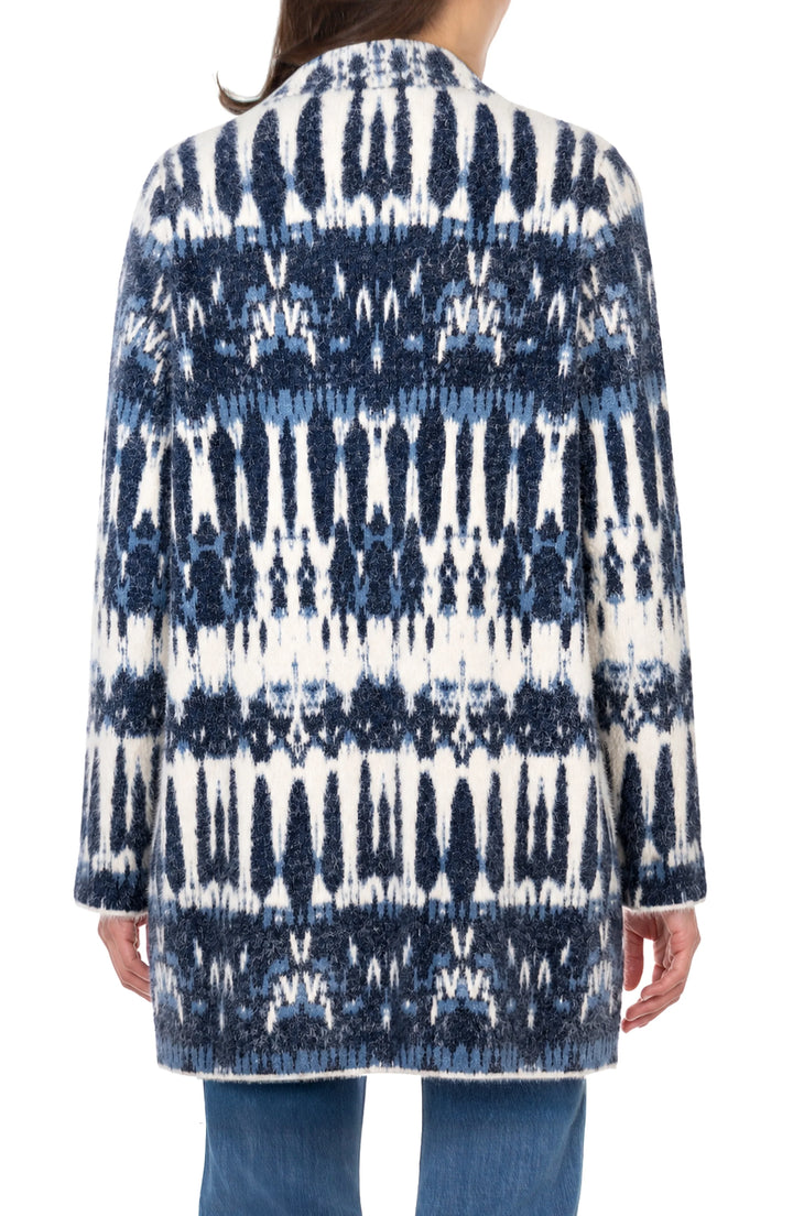 PETITE LONG SLEEVE OPEN FRONT SWEATER COAT - NAVY WHITE