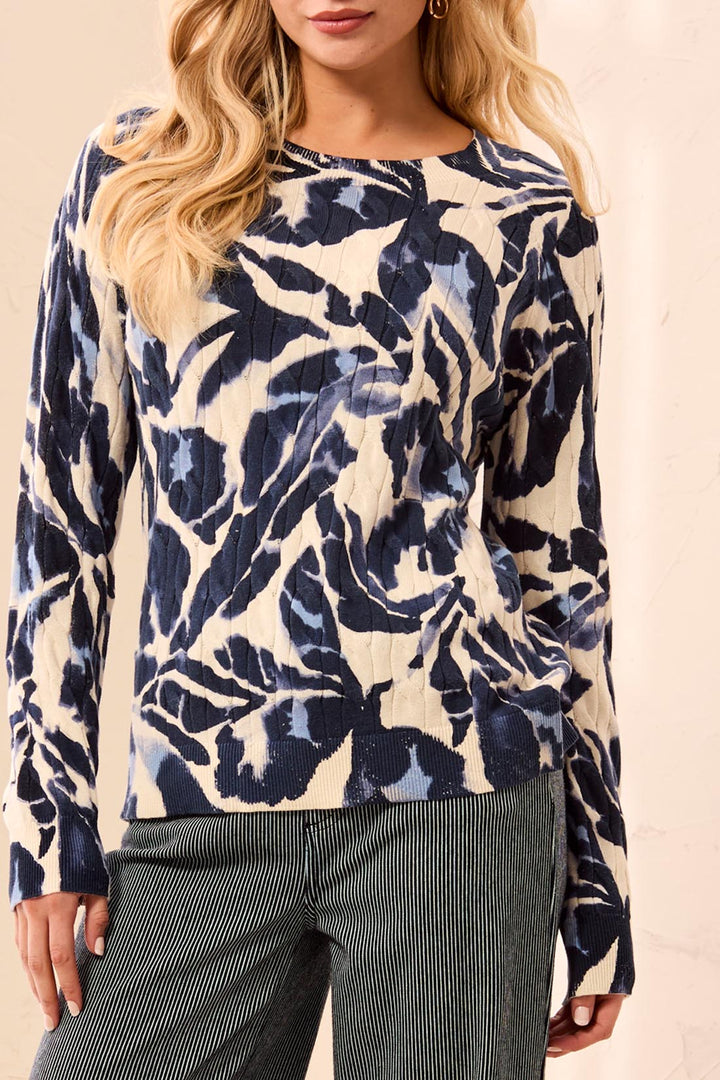 LONG SLEEVE PRINTED CABLE COTTON CREW NECK SWEATER - BLUE FOG
