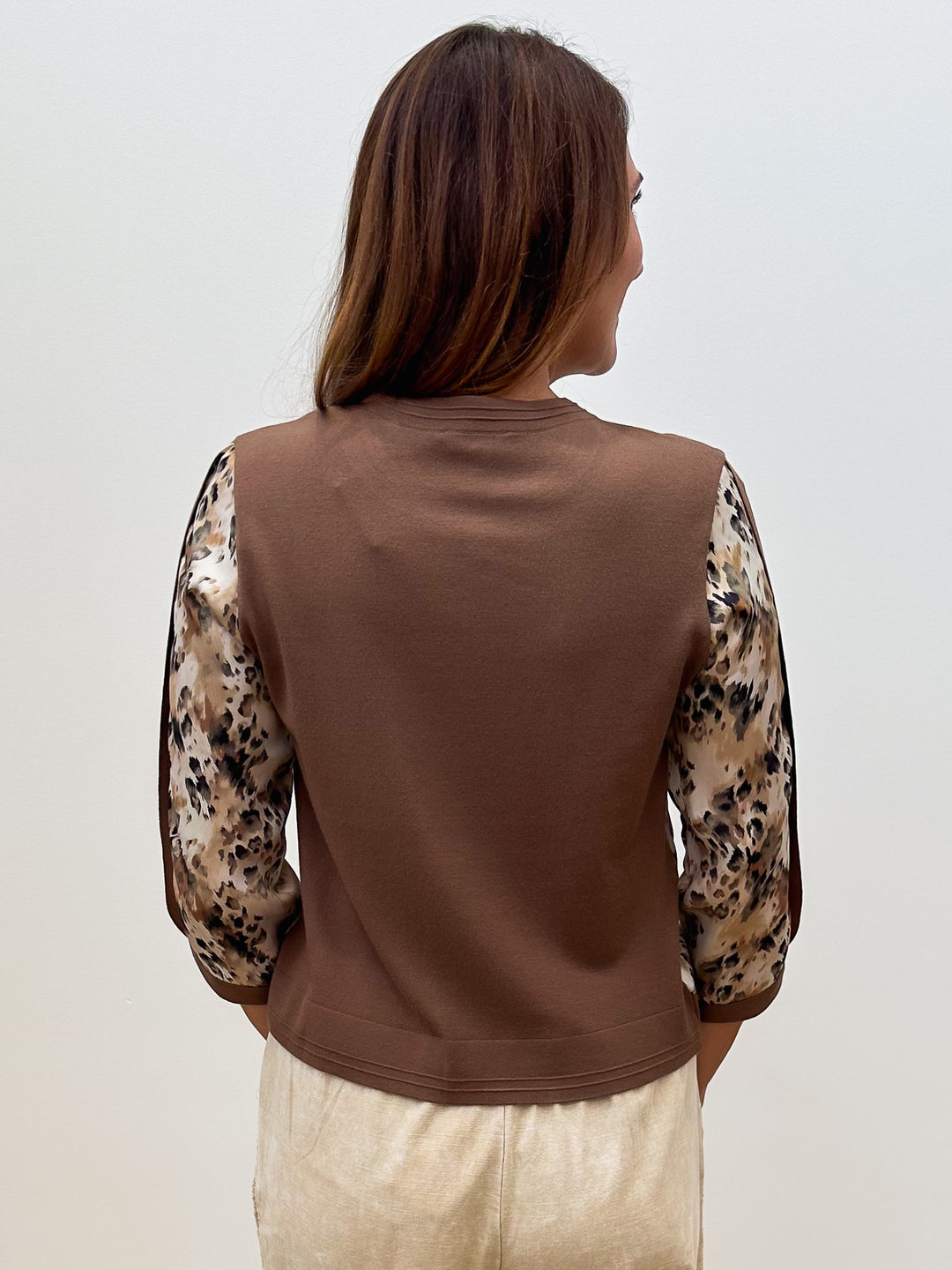 3/4 SLEEVE MIXED MEDIA BLOUSE - LEOPARD