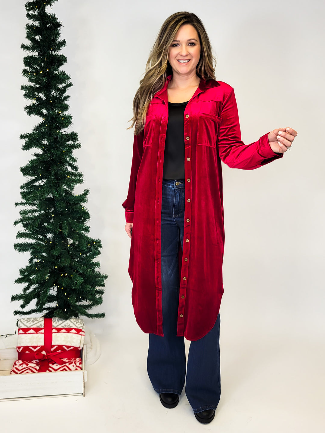 RED VELVET BUTTON DOWN DUSTER CARDIGAN – Brianne's Boutique