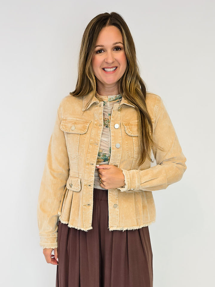 WASHED DENIM PEPLUM JACKET - HONEY