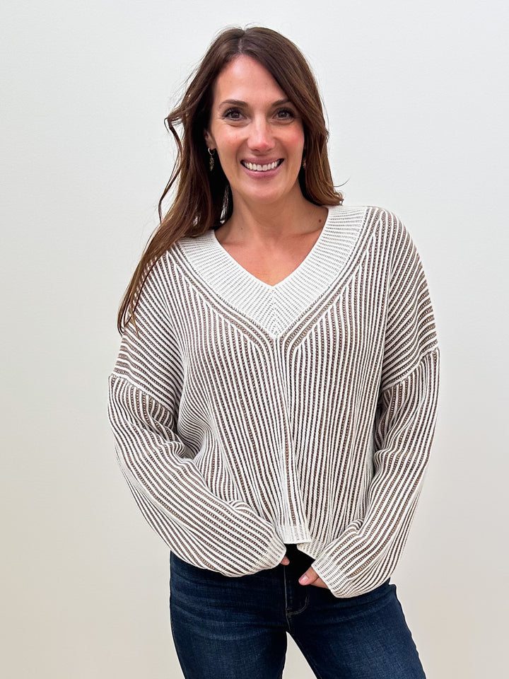 L/S STRIPED V-NECK RIBBED SWEATER - TAUPE