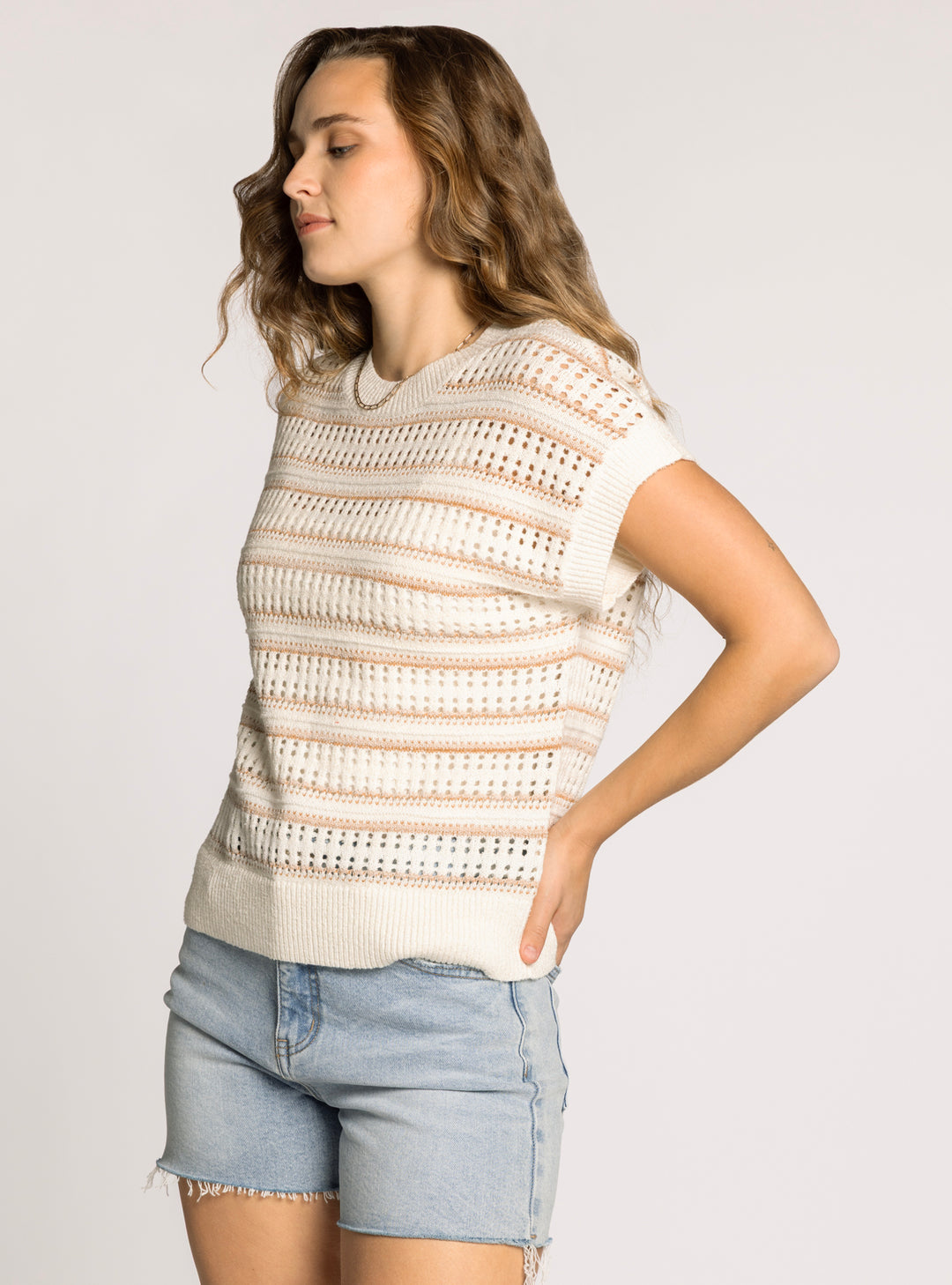 SHORT SLEEVE OPEN KNIT STRIPED ALIZA SWEATER - IVORY TAUPE