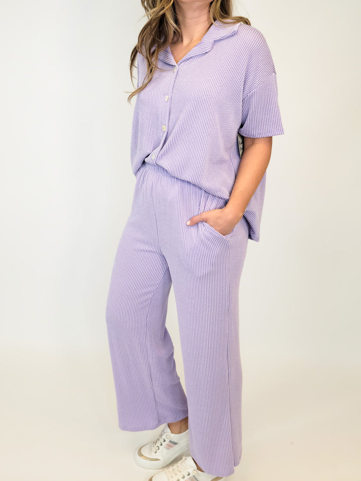 ANKLE LENGHT STRAIGHT LEG RIBBED PANTS - LAVENDER