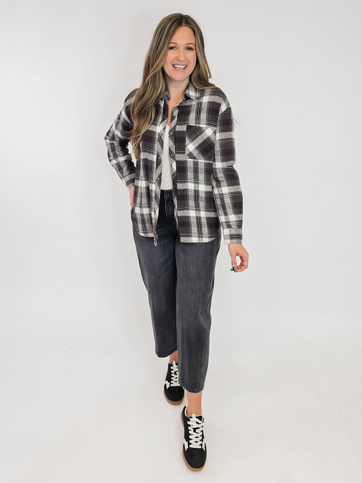 CLASSIC PLAID LONG SLEEVE BUTTON UP SHIRT - KHAKI/BLACK