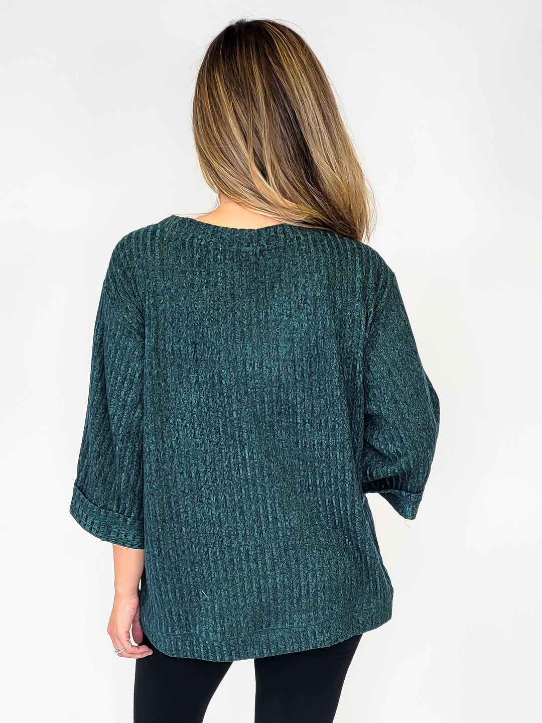 Ribbed Knit Wide Sleeve Top - Forest Green