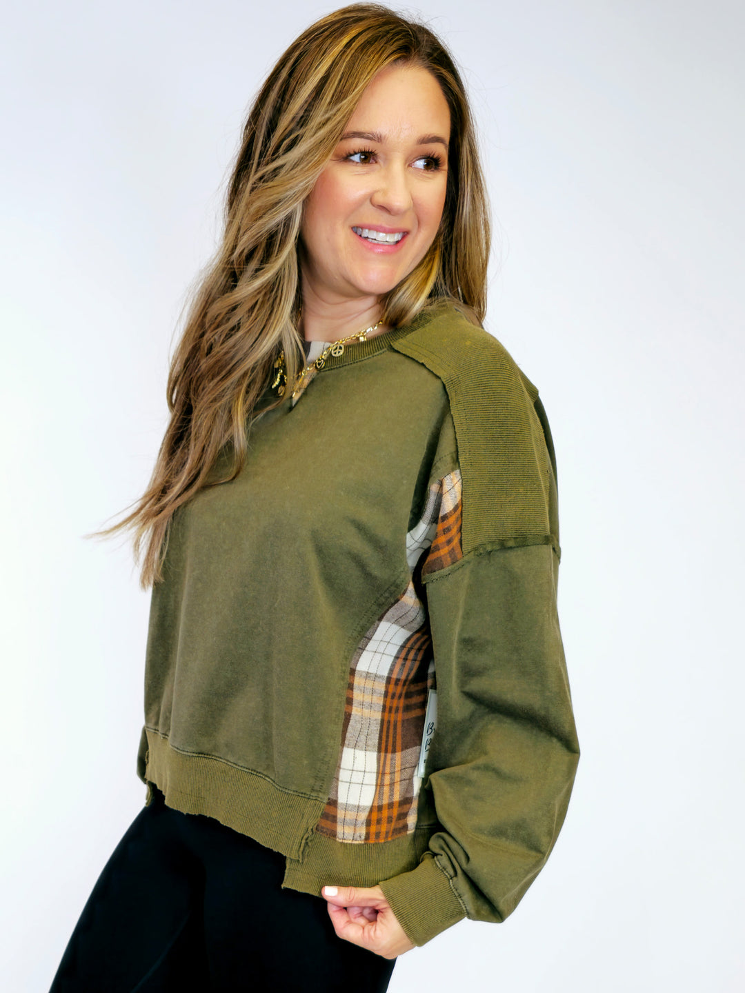 ACID WASHED PLAID SWEATSHIRT - WASHED OLIVE