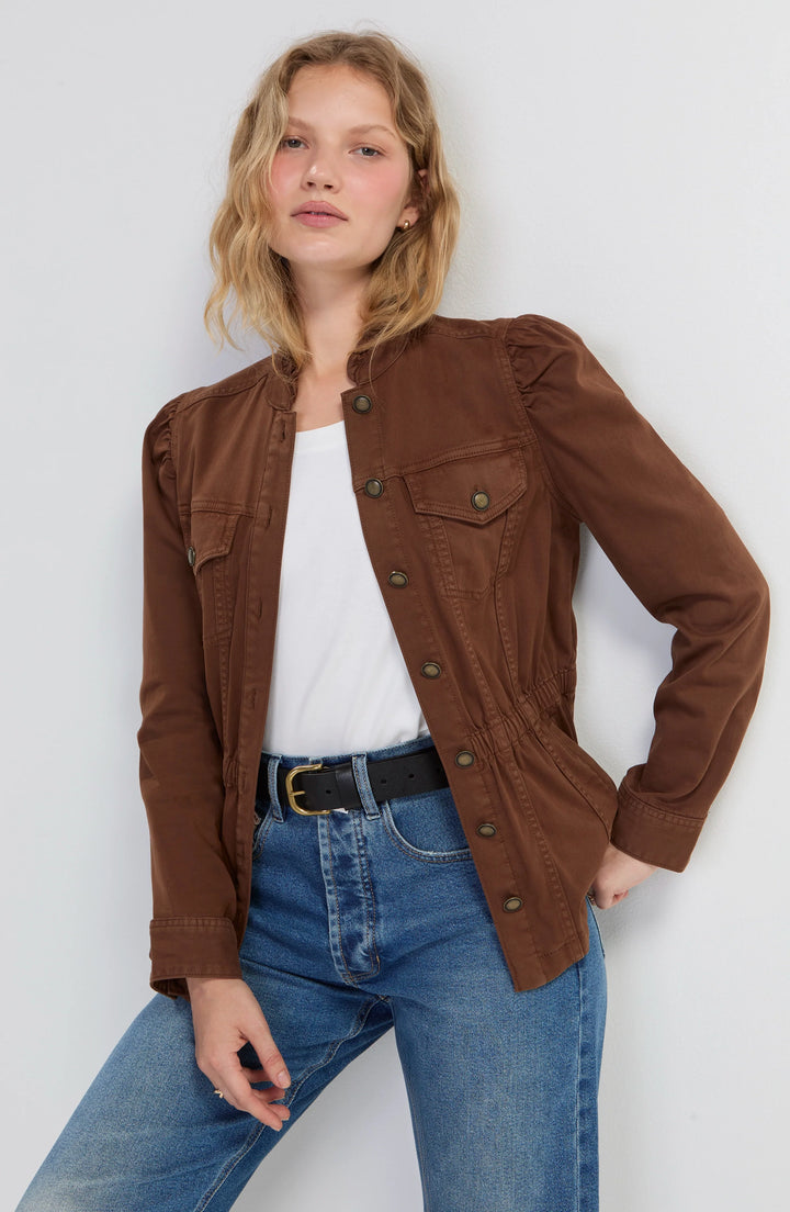 PUFF SLEEVE TRUCKER JACKET W/RUFFLE COLLAR - CAROB BROWN