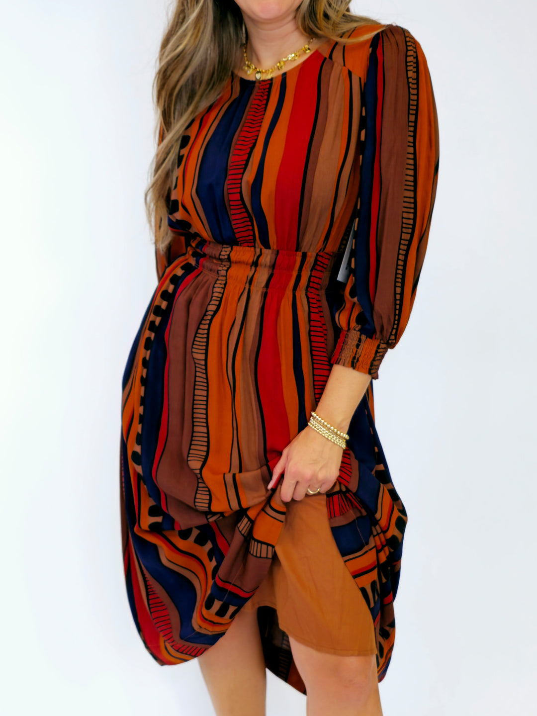 ABSTRACT PRINT SMOCKED WAIST MIDI DRESS - BROWN MIX