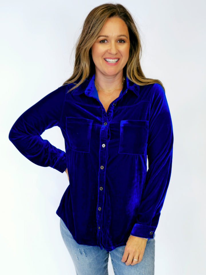 VELVET COLLARED BUTTON DOWN TOP - SAPPHIRE