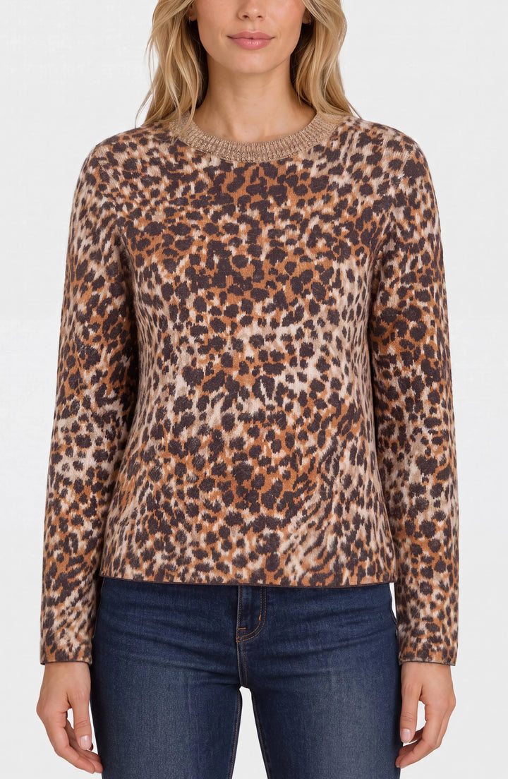 PETITE LONG SLEEVE CREW NECK SWEATER - JAVA ABSTRACT