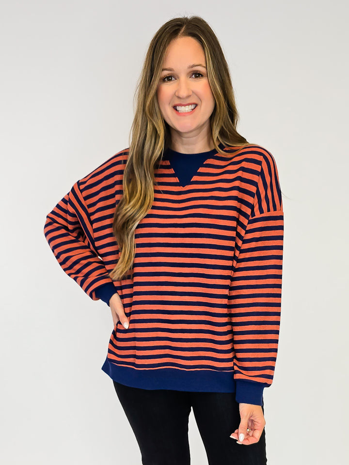 STRIPED CLOUDY KNIT L/S TOP - NAVY/MAUVE