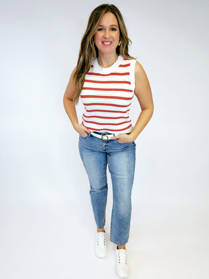 STRIPED SWEATER TANK W/CONTRAST ACCENTS - POPPY