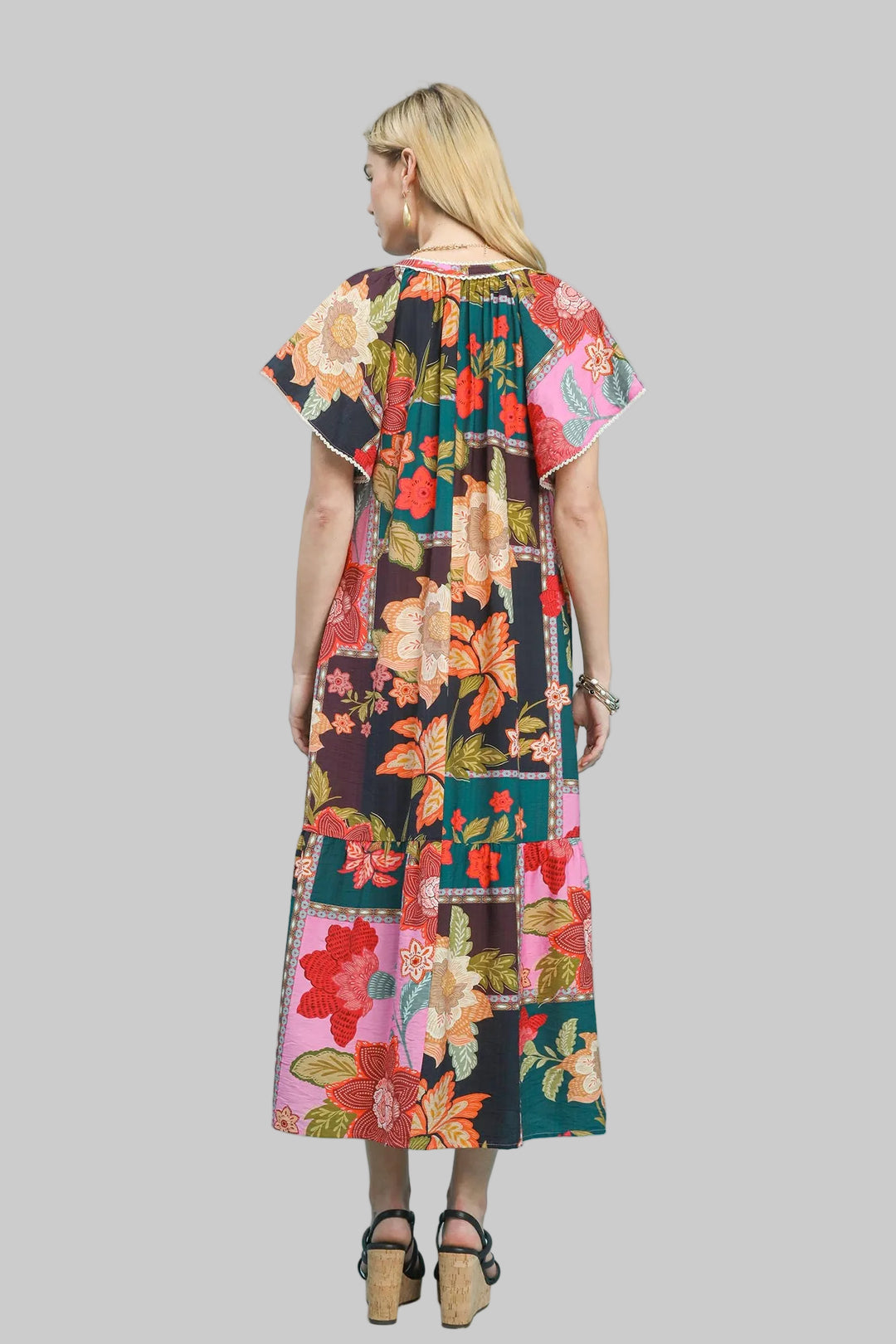 FLUTTER SLEEVE MIX PATCHWORK FLORAL MAXI DRESS - PINK MIX