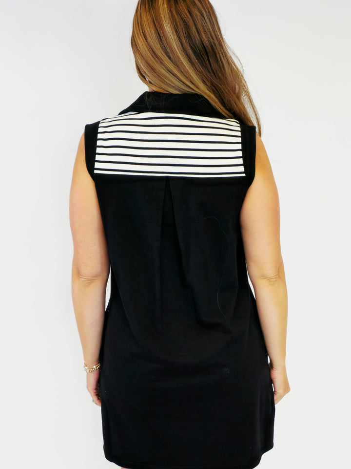 COLLARED KNIT STRIPED COLOR BLOCK DRESS - BLACK