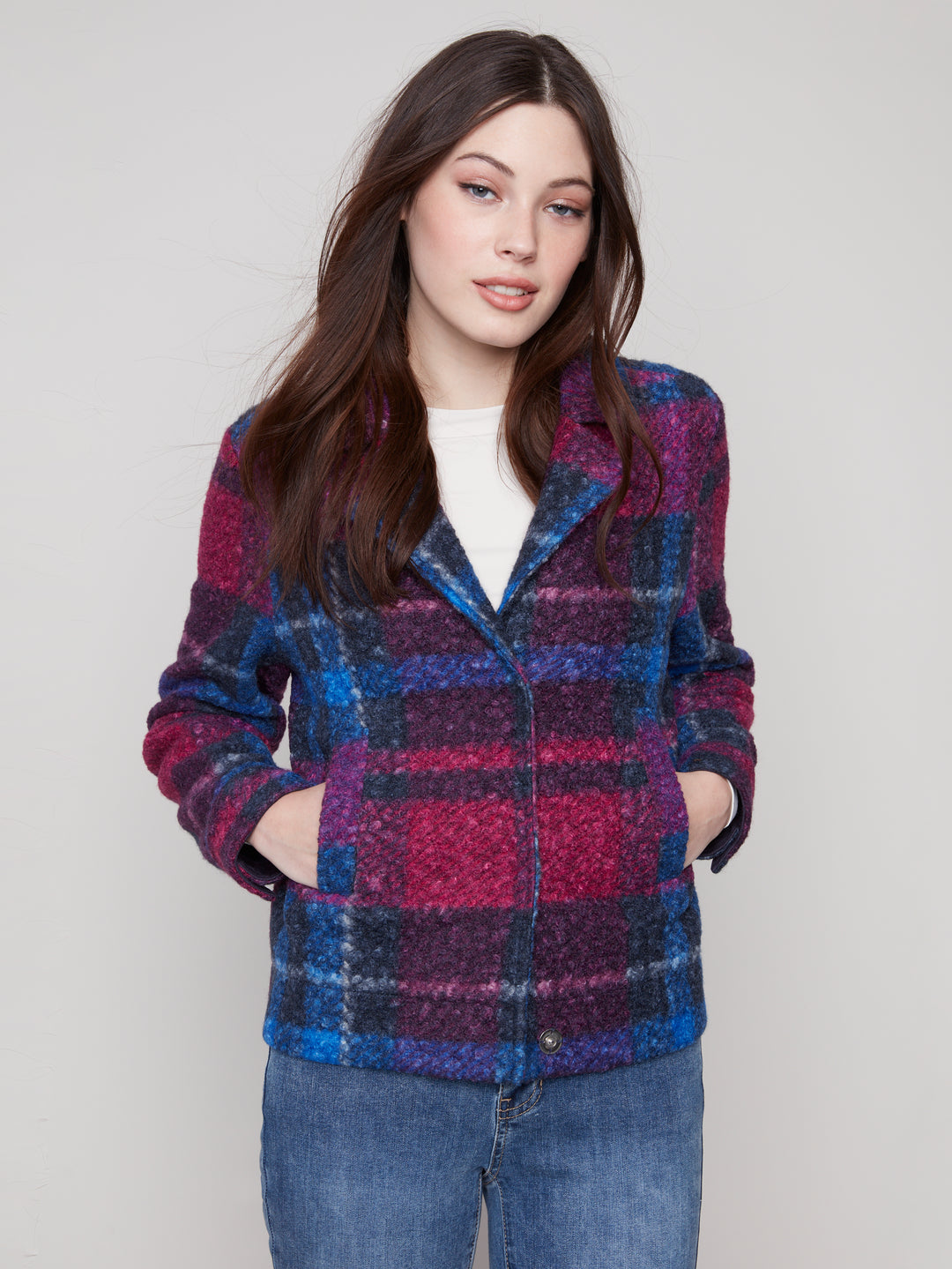 PLAID BOUCLE KNIT SHORT JACKET - NAVY