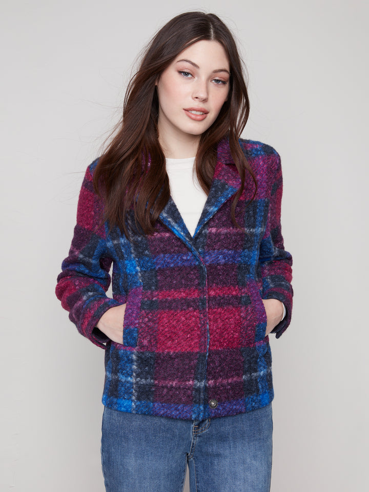 PLAID BOUCLE KNIT SHORT JACKET - NAVY