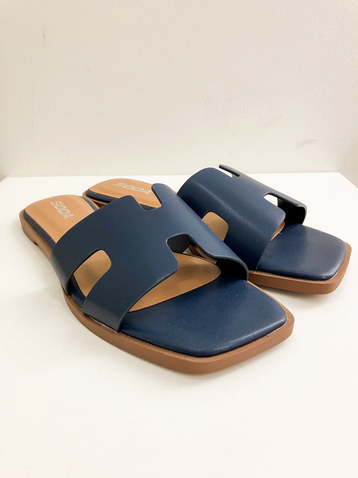 SODA SLIP ON FAUX LEATHER KNIT SANDALS - NAVY