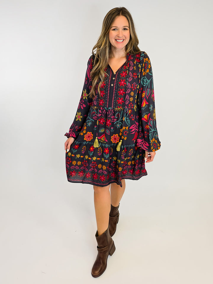 FLORAL PRINTED RAYON GAUZE DRESS - SMOKE