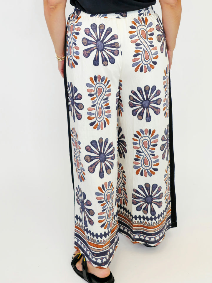 FLORAL PRINT HIGH WAIST PULL ON WIDE LEG PANTS - GREY