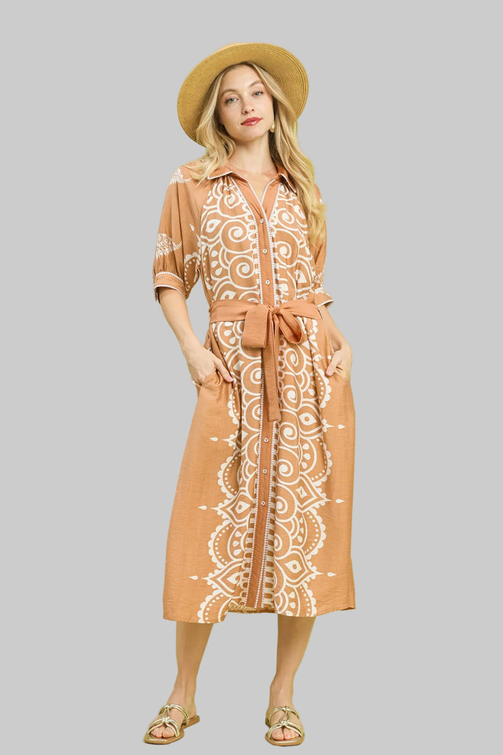 TWO TONE PAISLEY BORDER PRINT MIDI DRESS - LATTE