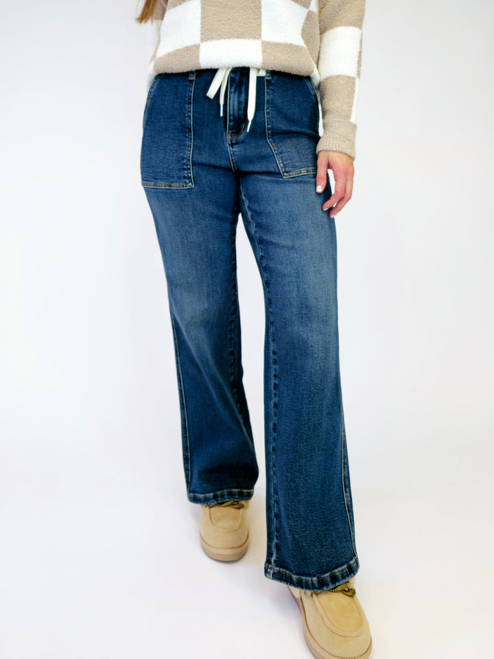 JUDY BLUE HIGH WAIST DRAWSTRING WIDE LEG JEANS - MEDIUM - 31.5" INSEAM