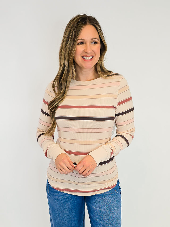 LONG SLEEVE RIBBED STACY TOP - AUTUMN STRIPE