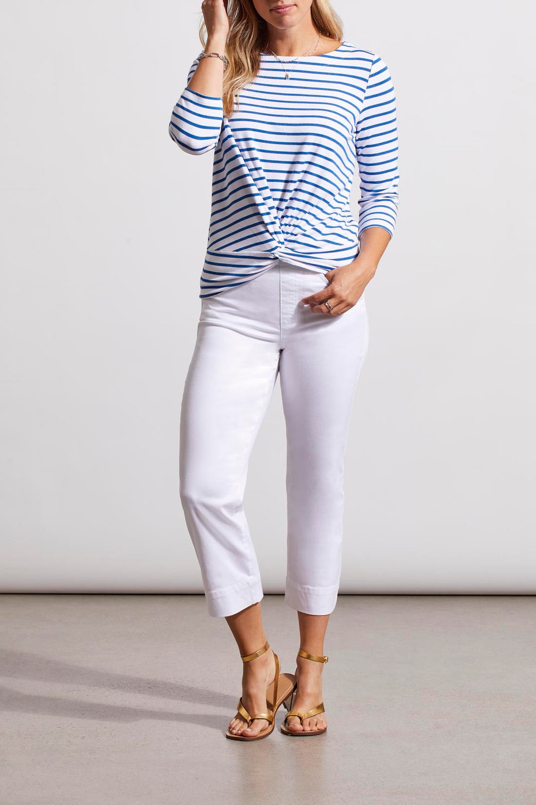 3/4 SLEEVE BOAT NECK TOP W/FAUX KNOT DETAIL - BLUE BAY