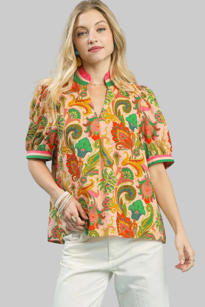 ABSTRACT PRINT RUFFLED NECK TOP - GREEN MIX