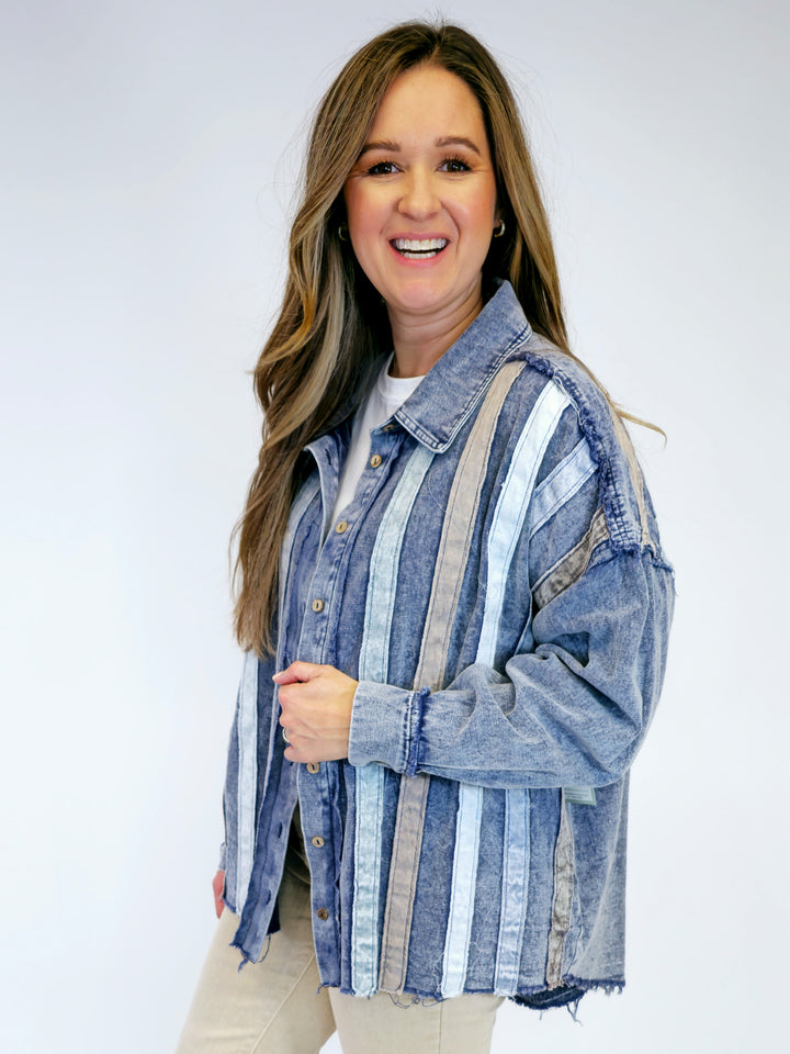 DENIM STRIPED BUTTON DOWN SHACKET - DENIM