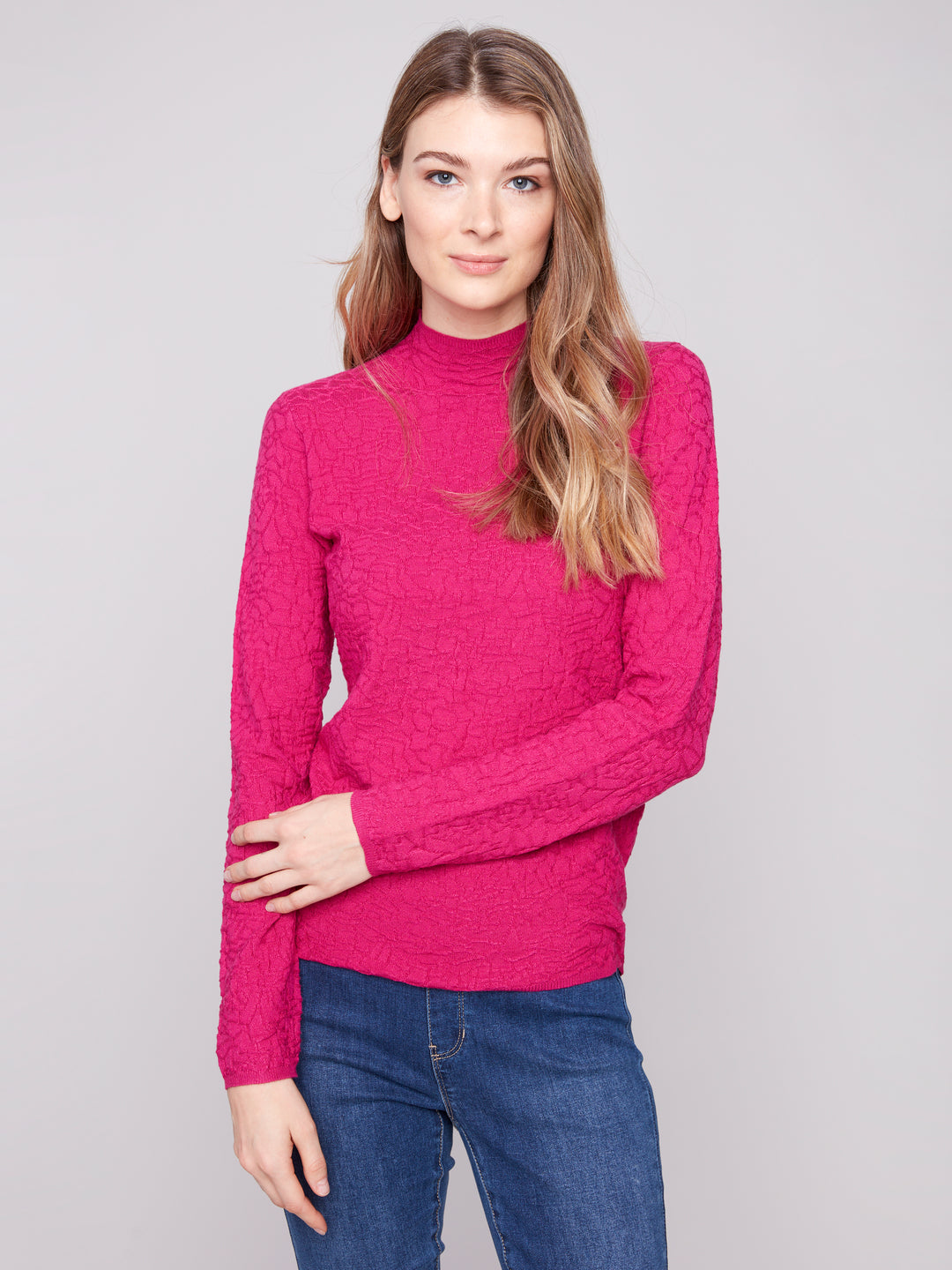 MOCK NECK TEXTURED SWEATER KNIT - HIBISCUS
