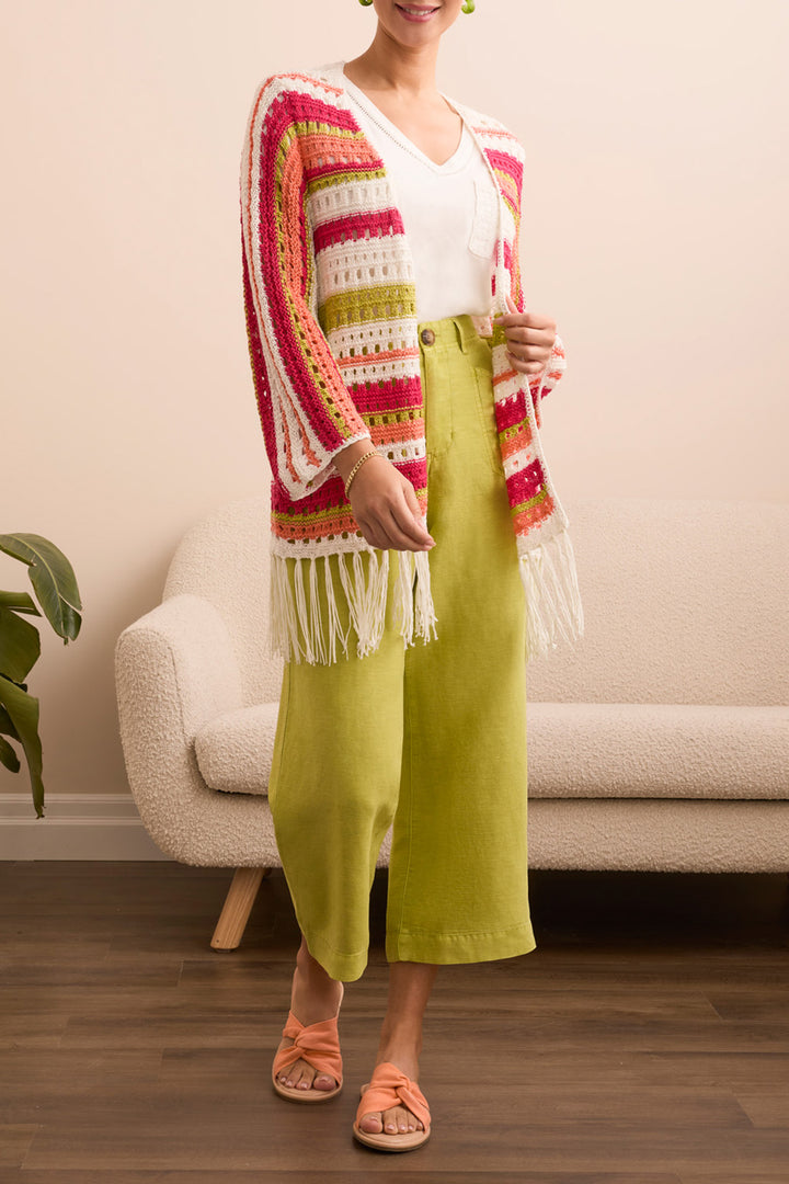 3/4 SLEEVE FRINGED HEM OPEN STITCH STRIPED CARDIGAN - KEYLIME/FUCHSIA